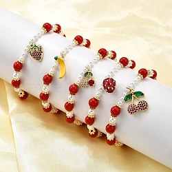 Brass Stretch Bracelets, with Enamel Charms & Plastic Imitation Pearl Beads & Glass Beads, Rack Plating, Gold, Mixed Shapes, Inner Diameter: 1-7/8 inch(4.75~4.9cm)(BJEW-C098-03)