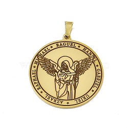 304 Stainless Steel Pendants, Flat Round with Angel Charm, Golden, 38x35x1.5mm, Hole: 7.5x4mm(STAS-C063-06G-04)