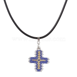 Glass Seed Cross Pendant Necklaces, with Nylon Cords, Dark Slate Blue, 19.49 inch(49.5cm)(NJEW-MZ00025-03)