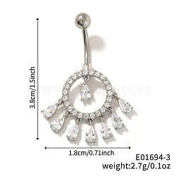 Brass Full Crystal Rhinestone Shiny Hollow Ring Tassel Curved Barbell Belly Button Rings, Platinum, 38x18mm(CT4144-3)