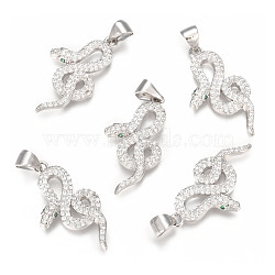 Brass Micro Pave Clear Cubic Zirconia Pendants, Snake, Real Platinum Plated, 25x14x3mm, Hole: 4.5x3mm(X-ZIRC-S061-163P)