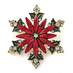 Christmas Theme Golden Zinc Alloy with Rhinestone Brooches, Enamel Pins, Snowflake, 36x36x4mm(X-JEWB-B018-01AG-07)