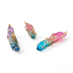 Electroplate Natural Quartz Crystal Pendants, with Eco-Friendly Golden Copper Jewelry Wire, Nuggets, Deep Sky Blue, 37~63.5x14~16x12.5~15mm, Hole: 2.5~3mm(PALLOY-JF00741-02)