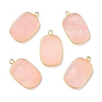 Natural Rose Quartz Pendants, with Golden Brass Findings, Rectangle, 27~28x17x3~3.5mm, Hole: 2mm