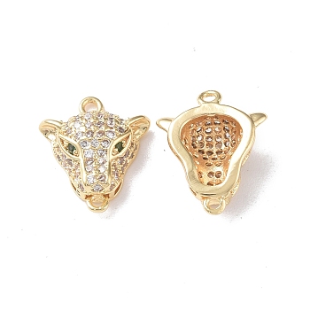 Brass Micro Pave Clear Cubic Zirconia Connector Charms, Leopard Links, Real 18K Gold Plated, 14.5x12x5mm, Hole: 1.6mm