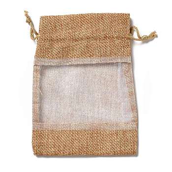 Linen Pouches, Drawstring Bags, with Organza Windows, Rectangle, Goldenrod, 14x10x0.5cm