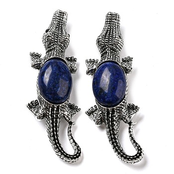 Dual-use Items Alloy Crocodile Brooch, with Natural Lapis Lazuli, Antique Silver, 67.5x24x10mm, hole: 4x3.5mm
