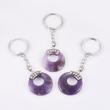 Natural Amethyst Keychain, with Platinum Plated Iron Key Rings and Brass Findings, Flat Round, 84mm