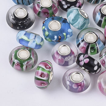 Handmade Lampwork European Beads, Large Hole Beads, with Silver Color Plated Brass Single Cores, Rondelle, Mixed Color, 14x7.5mm, Hole: 4mm