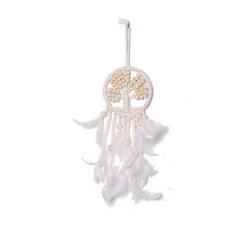 Iron Woven Web/Net with Feather Pendant Decorations, with Wood Beads, Covered Wax Cord, Flat Round, White, 110mm