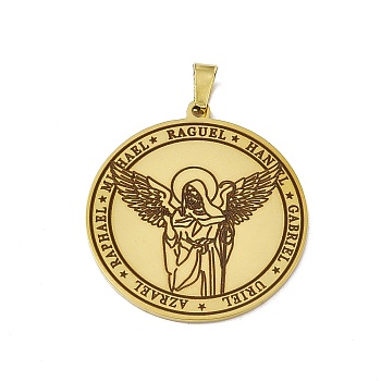 304 Stainless Steel Pendants, Flat Round with Angel Charm, Golden, 38x35x1.5mm, Hole: 7.5x4mm