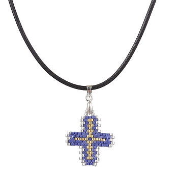 Glass Seed Cross Pendant Necklaces, with Nylon Cords, Dark Slate Blue, 19.49 inch(49.5cm)