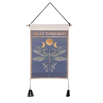 Bohemia Style Cloth Wall Hanging Tapestry, Vertical Tapestry, with Wood Rod & Iron Traceless Nail & Cord, for Home Decoration, Rectangle, Dragonfly Pattern, 850mm
