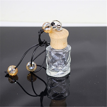 Empty Glass Perfume Bottle Pendants, Aromatherapy Fragrance Essential Oil Diffuser Bottle, with Coffee Color Cord, Car Hanging Decor, with Wood Lid, Flower, 5.44x3.2cm