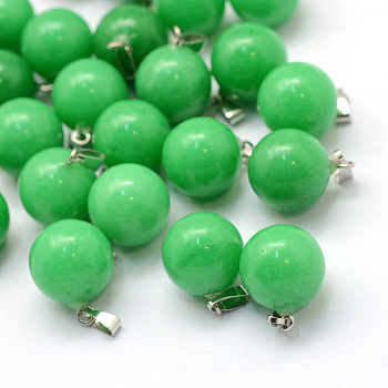 Round Dyed Natural Malaysia Jade Pendants, with Platinum Tone Brass Findings, 17~19x13~14mm, Hole: 2x7mm