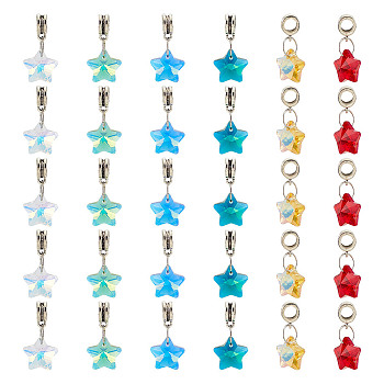 30Pcs 6 Colors Glass European Dangle Charms, Antique Silver Plated Alloy Large Hole Star Pendants, Mixed Color, 25mm, Charm: 13mm, 5pcs/color