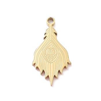 304 Stainless Steel Pendants, Feather Charm, Real 18K Gold Plated, 27x14.5x2mm, Hole: 2mm