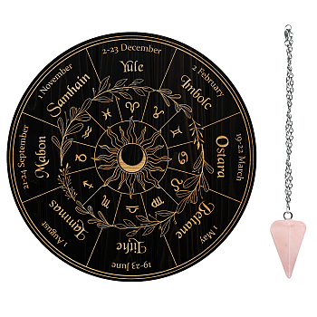 AHADEMAKER 1Pc Wood Pendulum Board, 1Pc 304 Stainless Steel Cable Chain Necklaces, 1Pc Natural Rose Quartz Stone Pendants, for Witchcraft Wiccan Altar Supplies, Constellation Pattern, Board: 200x4mm