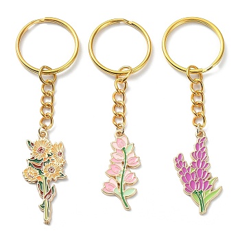 Alloy Enamel Flower Pendant Keychains, with Iron Keychain Ring, Golden, Mixed Color, 83~85mm, 3pcs/set