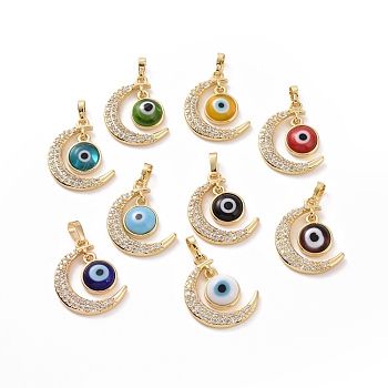 Brass Micro Pave Cubic Zirconia Pendants, with Handmade Evil Eye Lampwork, Crescent Moon Charm, Real 18K Gold Plated, Mixed Color, 23x16x4mm, Hole: 4x6mm