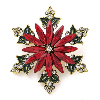 Christmas Theme Golden Zinc Alloy with Rhinestone Brooches, Enamel Pins, Snowflake, 36x36x4mm