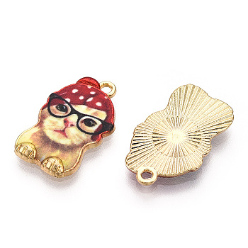 Printed Light Gold Tone Alloy Pendants,Carton Cat with Cap Charms, FireBrick, 22.5x14x2.5mm, Hole: 1.6mm