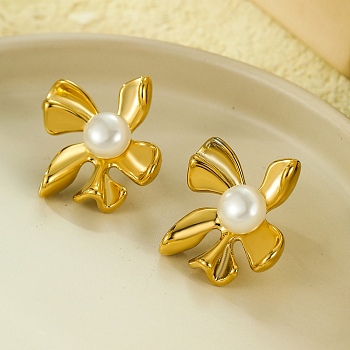 304 Stainless Steel Stud Earrings, with Shell Beads, Flower, Real 18K Gold Plated, 27.5x25.5mm