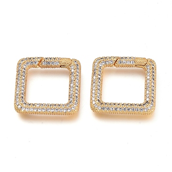 Brass Micro Pave Cubic Zirconia Spring Gate Rings, Square, Golden, Clear, 20.5x20.5x3.5mm, Inner diameter: 13.5x12.5mm