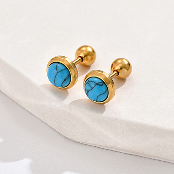 Real 18K Gold Plated 304 Stainless Steel Flat Round Stud Earrings, with Plastic, Deep Sky Blue, 8mm