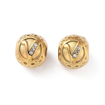 304 Stainless Steel Rhinestone European Beads, Round Large Hole Beads, Real 18K Gold Plated, Round with Letter, Letter V, 11x10mm, Hole: 4mm