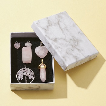 5 Styles Natural Rose Quartz Pendants, with Brass or Alloy Findings, Heart & Faceted Bullet & Nuggets, Mixed Shapes, 13.5~40x10.5~29x5~20mm, Hole: 3~8mm, 6pcs/box