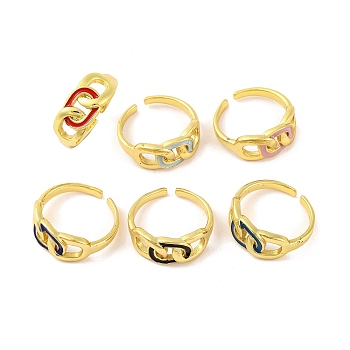 Brass Open Cuff Rings, Oval Curb Chain Enamel Ring for Women, Lead Free & Cadmium Free, Real 18K Gold Plated, Mixed Color, 8.5mm, Adjustable