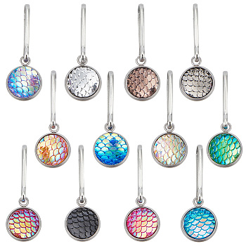 12Pcs 12 Colors Mermaid Scale Alloy Resin Zipper Pulls Charms, Zipper Replacemnt Accessories, for Suitcase, Bag, Flat Round, Mixed Color, 38mm, 1pc/color