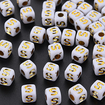 Opaque White Acrylic Beads, Metal Enlaced, Cube with Letters, Letter.S, 4.5mm, Hole: 2mm, about 5000pcs/500g