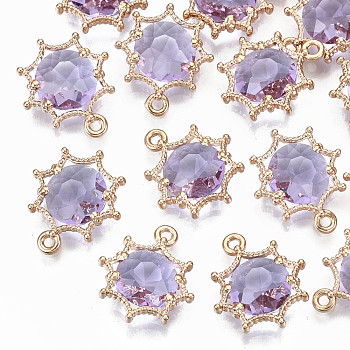 Faceted Glass Pendants, with Eco-Friendly Alloy Findings, Cadmium Free & Nickel Free & Lead Free, Faceted, Flower, Light Gold, Lilac, 15x13x4mm, Hole: 1.6mm