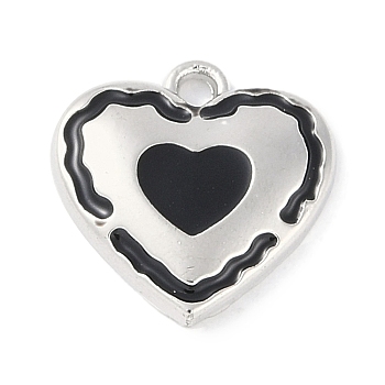 Rack Plating Alloy Enamel Charms, Cadmium Free & Nickel Free & Lead Free, Heart Charm, Platinum, Black, 14.5x14.5x2.5mm, Hole: 1.6mm