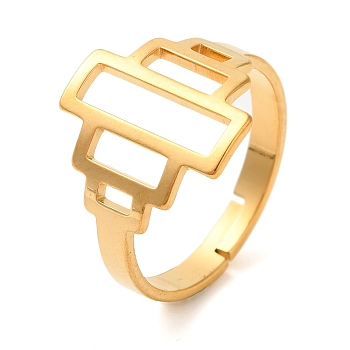 Hollow Rectangle 304 Stainless Steel Adjustable Rings for Women, Real 18K Gold Plated, 15mm, Inner Diameter: 18mm