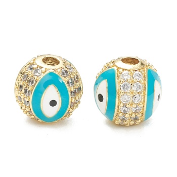 Brass Micro Pave Cubic Zirconia Charms, with Enamel,  Long-Lasting Plated, Flat Round with Evil Eye, Real 18K Gold Plated  , Dark Turquoise, 10mm, Hole: 2mm
