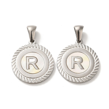 304 Stainless Steel Pendants, Flat Round Shell Charms with Letter, Stainless Steel Color, Letter R, 20.5x17.5x1.5mm, Hole: 2.5x4.5mm