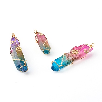 Electroplate Natural Quartz Crystal Pendants, with Eco-Friendly Golden Copper Jewelry Wire, Nuggets, Deep Sky Blue, 37~63.5x14~16x12.5~15mm, Hole: 2.5~3mm