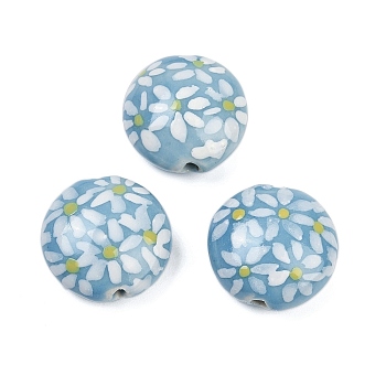 Handmade Porcelain Beads, Hand Painted Ceramic Beads, Flat Round with Flower, Famille Rose Porcelain, Light Sky Blue, 18.5x9~10mm, Hole: 1.6mm