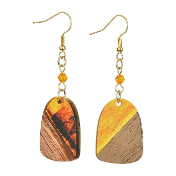 Resin & Walnut Wood Arch Dangle Earrings, Golden Iron Long Drop Earrings, Gold, 63x20mm
