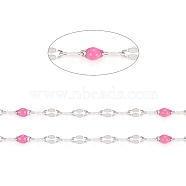 Handmade 304 Stainless Steel Dapped Chains, Cable Chains, with Enamel and Spool, Soldered, Flat Oval, Long-Lasting Plated, Hot Pink, 3x1.5x0.1~1mm, about 32.8 Feet(10m)/roll(CHS-D026-16N-P)