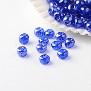 6/0 Grade A Round Glass Seed Beads, Transparent Colours Lustered, Blue, 4x3mm, Hole: 1mm, about 4800pcs/pound(SEED-A022-F6-514)