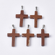 Natural Red Jasper Pendants, with Stainless Steel Peg Bails, Cross, Stainless Steel Color, 29~30x18.5x4.5mm, Hole: 5.5x2mm(G-S358-001F)
