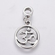 Tibetan Style Alloy Large Hole European Dangle Charms, Flat Round with Mark Om Symbol, Antique Silver, 32mm, Hole: 5mm(PALLOY-JF00034-01)