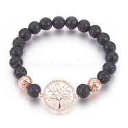 Stretch Bracelets, with Long-Lasting Plated Electroplated Natural Lava Rock, Natural Lava Rock and Brass Cubic Zirconia Beads, Flat Round with Tree, Rose Gold, 2-1/4 inch(5.8cm)(X-BJEW-G601-09RG)