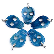 Halloween Themed Natural Agate Big Pendants, with Platinum Plated Brass Pinch Bail, Dyed, Skull, Dodger Blue, 50~53x35~36x5~6mm, Hole: 6.5x4mm(G-S359-181D)