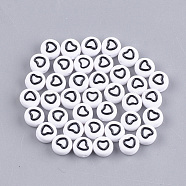 Opaque Acrylic Beads, Flat Round with Heart, White, 7x3.5mm, Hole: 1.2mm, about 3700pcs/500g(MACR-S273-17)