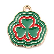 Saint Patrick's Day Alloy Enamel Pendants, Light Gold, Clover Charm, Green, 22x20x1mm, Hole: 2mm(ENAM-G222-01F-02)